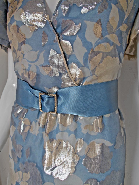 1980s Hanae Mori Blue and Silver Silk Lame Gown w/Ruffle Bottom In Good Condition In Studio City, CA