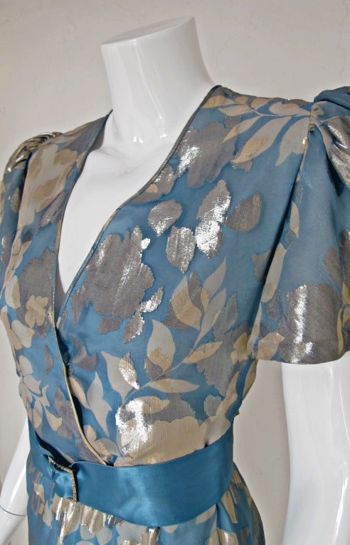 Women's 1980s Hanae Mori Blue and Silver Silk Lame Gown w/Ruffle Bottom