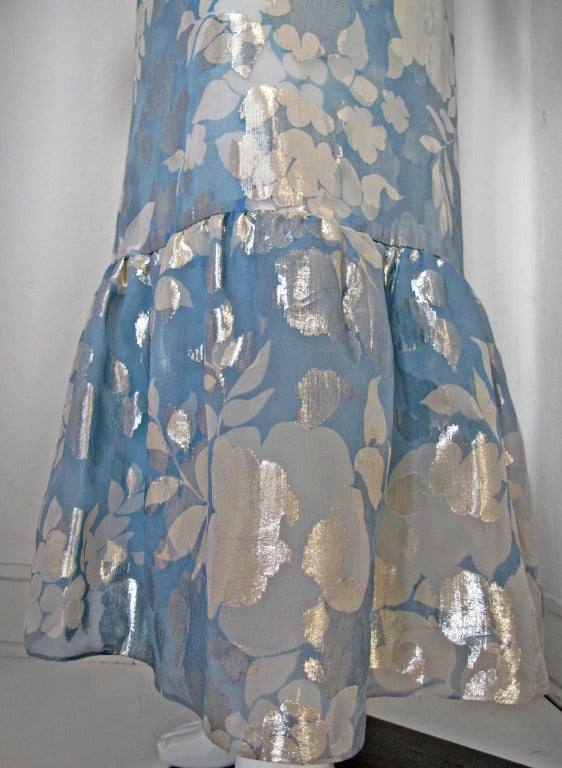 1980s Hanae Mori Blue and Silver Silk Lame Gown w/Ruffle Bottom 1