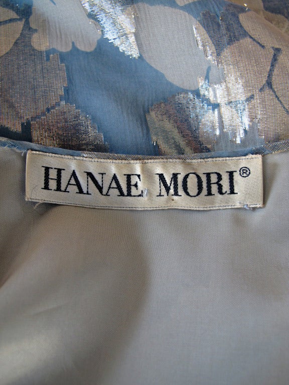 1980s Hanae Mori Blue and Silver Silk Lame Gown w/Ruffle Bottom 2