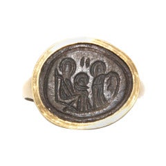 Museum Quality  Early Byzantine Bronze Religious Plaque in a Gold Ring Mount