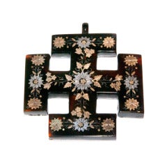 A Victorian Tortoiseshell Pique Work Cross of Jerusalem