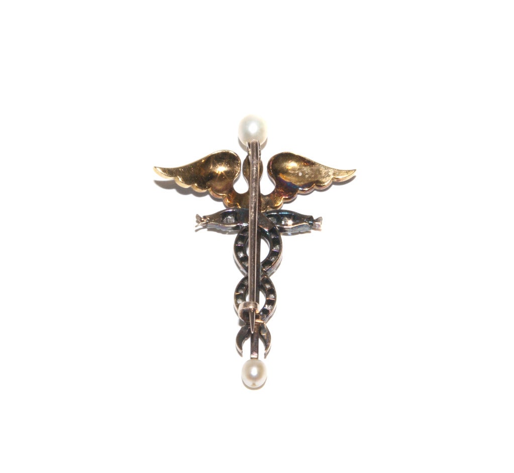 The Doctors emblem has a pair of Wings enamelled in Royal Blue and below,
two Serpents with Cabochon Ruby Eyes and set with twenty four Old Mine Diamonds tapering to Rose Diamonds at the tails, all close set Silver on Gold 
 and with two Natural