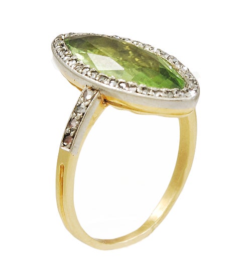 Marquise Cut 19th Century French Marquise Peridot Diamond Platinum Gold Cluster Ring