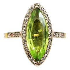 19th Century French Marquise Peridot Diamond Platinum Gold Cluster Ring