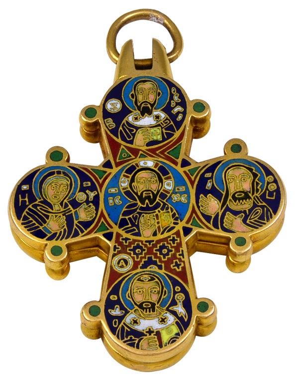 A Gold & Cloisonne Enamel Cross of fine quality and technique which opens to reveal a locket .On one side the Crucifixion and the reverse with the Virgin Mary and four Apostles.
This wonderful Cross is known as Queen Dagmar's Cross and the