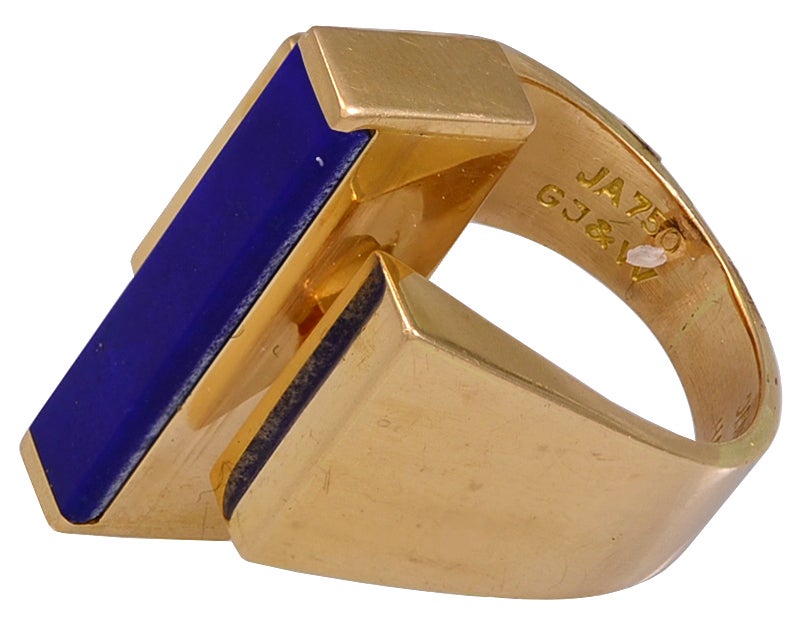 Stamped inside shank: JA 750 GJ & W   Denmark  Handmade 
Good colour  Lapis Lazuli baton and stylish gold 