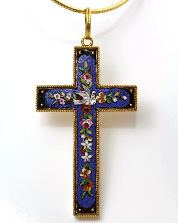 A Gold and Micro Mosaic Cross with a central white Dove and sprays of flowers including Roses and Lillies, all in good condition. Because of the use of blue, pink and white glass Tesserae, it makes this Cross one of the most attractive I have seen.