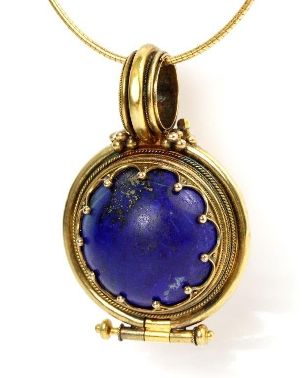 Women's or Men's Victorian Revivalist Lapis Lazuli Gold Bula Locket Pendant Necklace For Sale