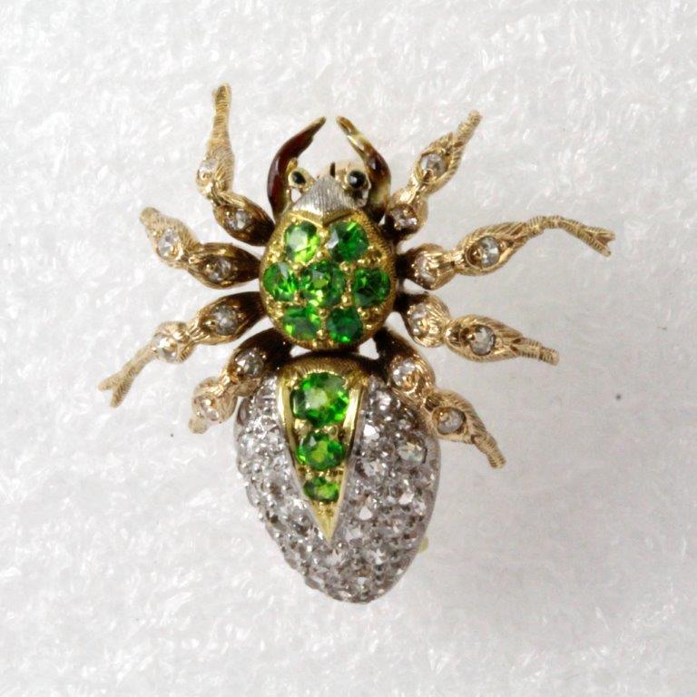 Demantoid Garnet Diamond Platinum Gold Spider Brooch