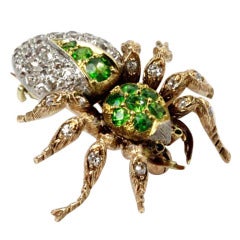 Demantoid Garnet Diamond Platinum Gold Spider Brooch