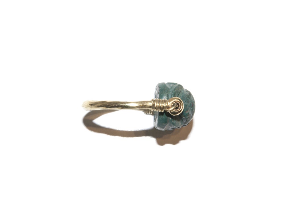 Dark Green Steatite Scarab in a Later Gold Ring Mount