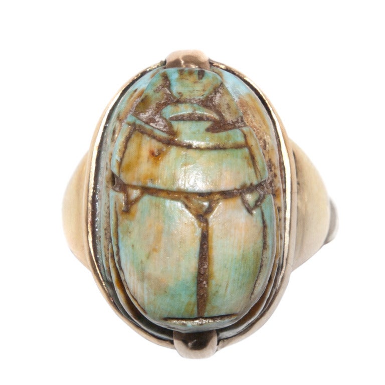 Antique Egytpian Revival ancient light blue glazed faience Scarab Ring