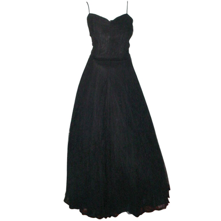 1940s black Chantilly lace evening dress For Sale