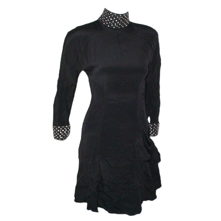 Bernard Perris black lycra draped dress with rhinestones For Sale