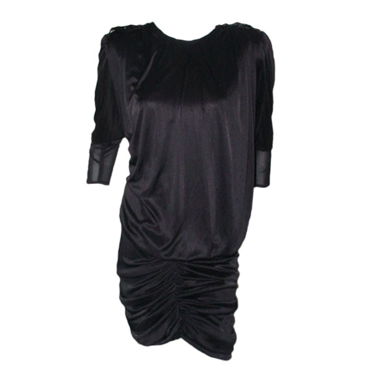 Vintage black 80s ruched jersey dress For Sale