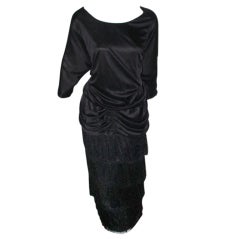 Vintage black ruched fringed flapper style dress size 20