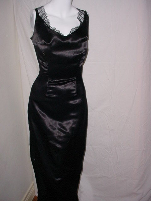 Vintage black satin long dress with feathers