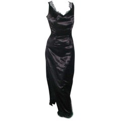 Vintage black satin long dress with feathers