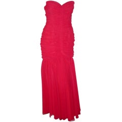 Fred France Paris long red vintage ruched strapless dress
