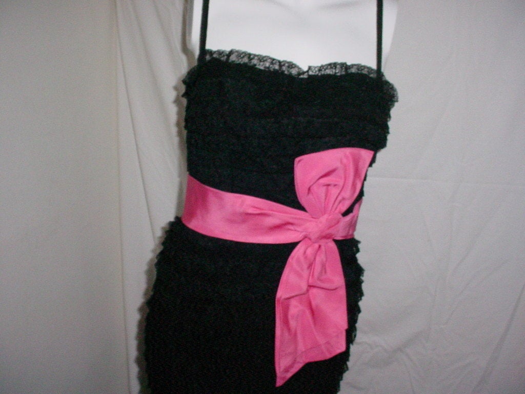 1960s long black lace ruffled dress