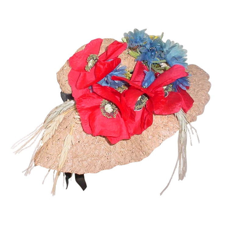 Vintage straw hat with poppies and wheat Leda Italy For Sale