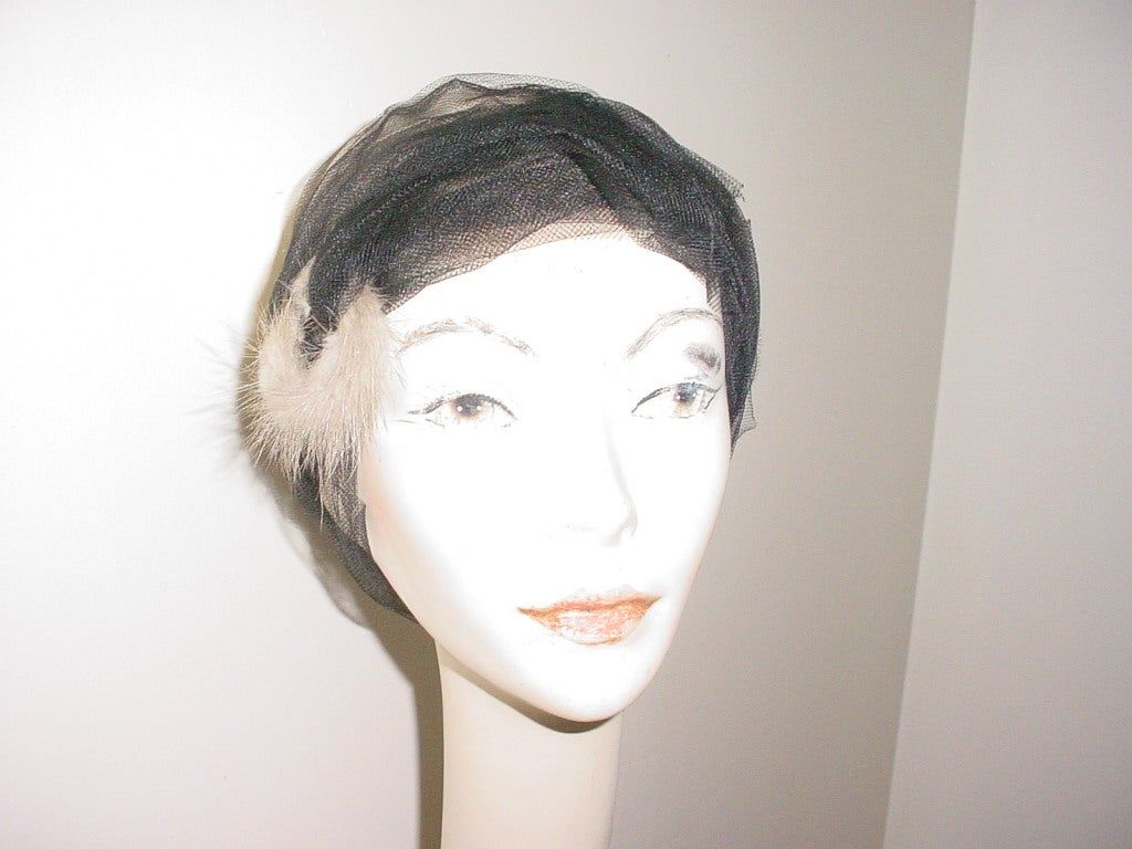 Vintage long black tulle scarf with grey mink