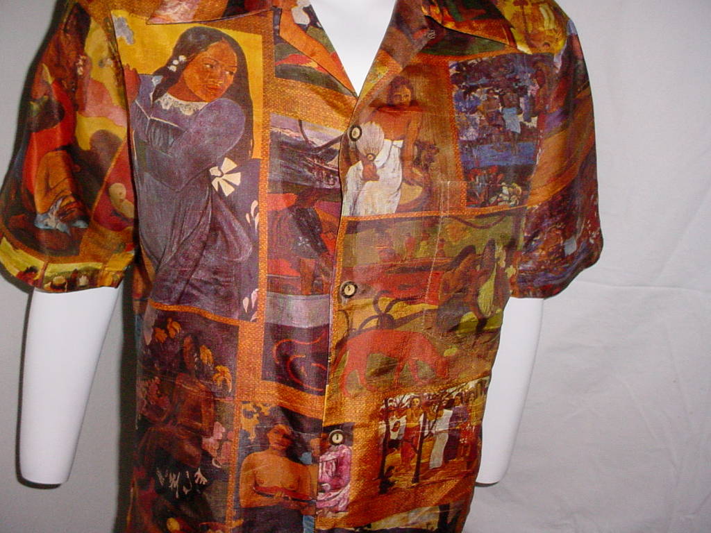 Vintage Surf Line Hawaii for Libery House 70s mens shirt. Polyester with the look and feel of raw silk. Excellent condition. Gauguin novelty print of Polynesian women. 41 inches armpit to armpit, 27 inches long.