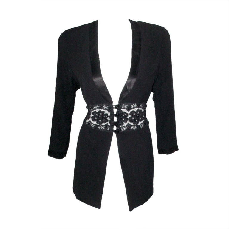 Vintage black jacket with lace and beads made in France For Sale