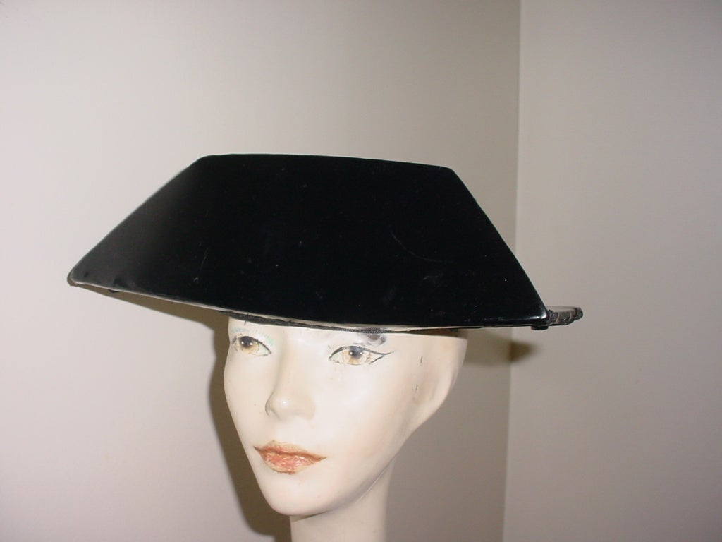 Vintage black patent leather Guardia Civil hat from Spain.