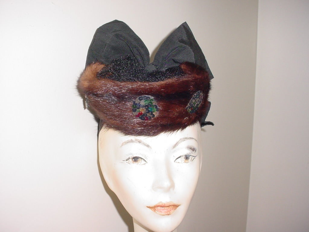 Rare Toy Tilt Topper vintage early 40s hat by New York Creations. Fur with sequins and large grosgrain bow.
