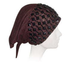 Vintage Brown jersey scarf hat with black faux jet by Suzy