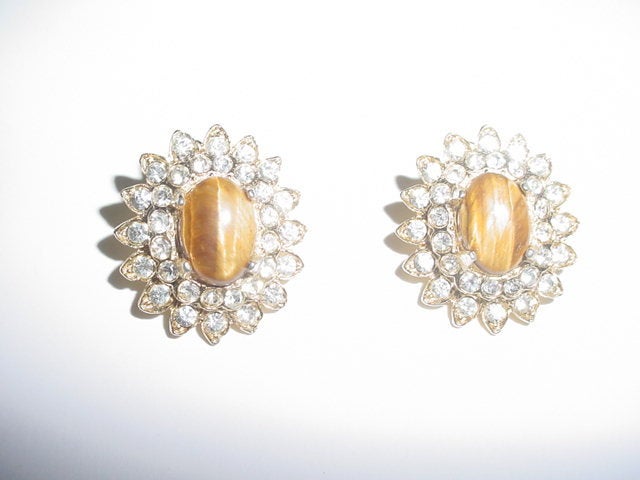 Kenneth Lane vintage tiger's eye and rhinestone earrings