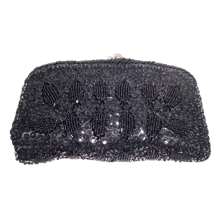 Vintage 1960s black sequin and bead bag For Sale