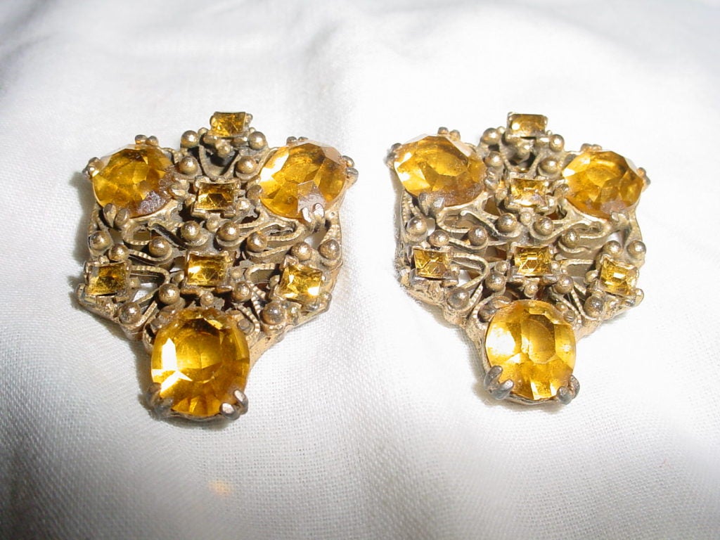 1930s elaborate faux topaz dress clips