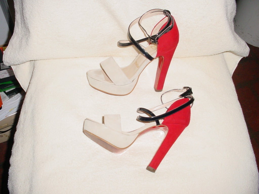 Christian Louboutin suede shoes in beige and red. Platform and sky high heel of 5 inches. Black patent ankle strap. Size 36, US size 6.  9 in. long, ball of 2.5 in..