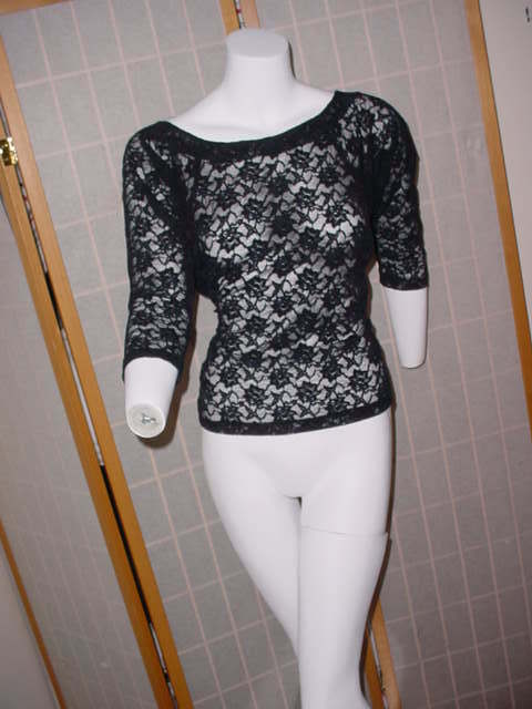 Vintage Betsey Johnson Punk Label 1984 black lace stretch blouse. Excellent unworn condition. Size Large.