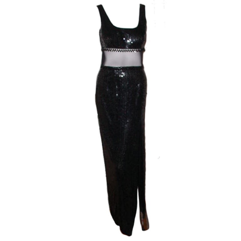 Long black sequin dress with sheer net inset and beads For Sale