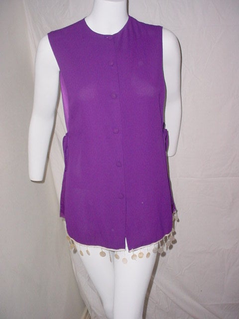 Emporio Armani purple tabard blouse mother of pearl fringe
