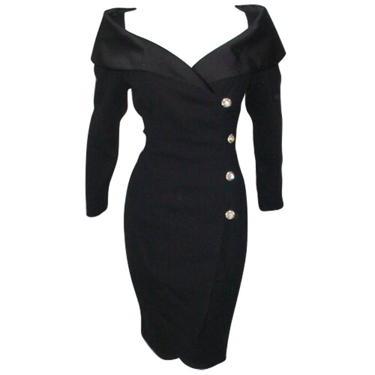 Vintage Scaasi black cocktail wrap dress with portrait collar at ...