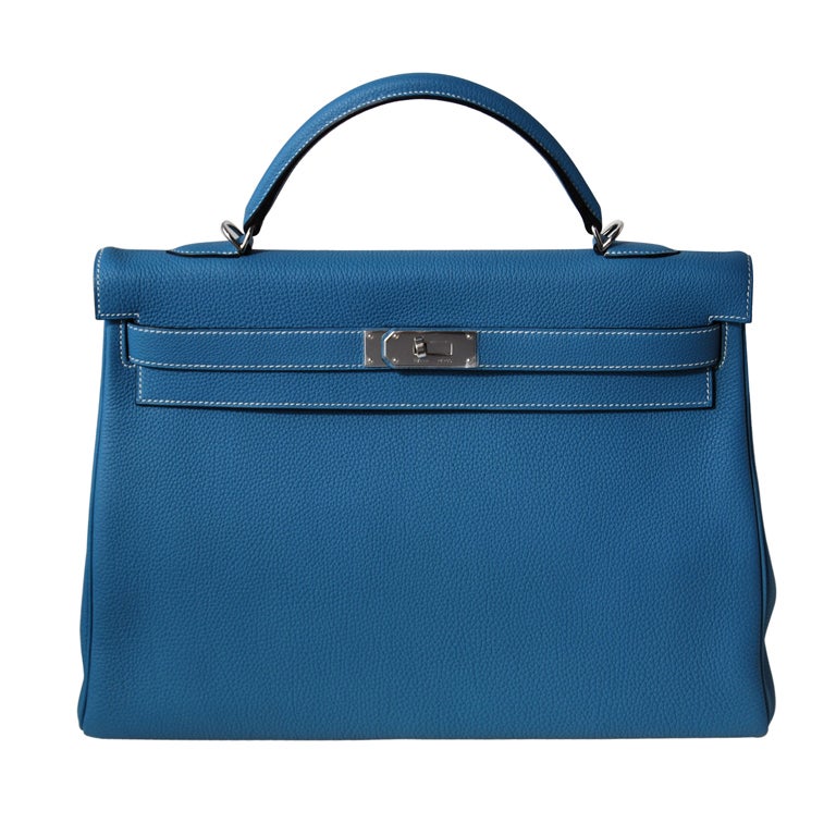 40cm Hermès Blue Jean Clemence Leather Kelly Bag Handbag at 1stdibs