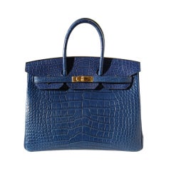 35cm Hermes Matte Bleu de Malte Alligator Birkin Handbag
