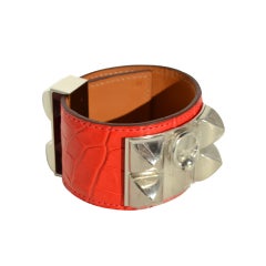 Hermès Matte Geranium Alligator Collier De Chien Bracelet