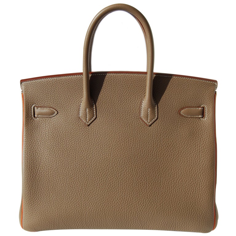 35cm Hermes Etoupe Clemence Leather Birkin Bag w/ Orange Piping