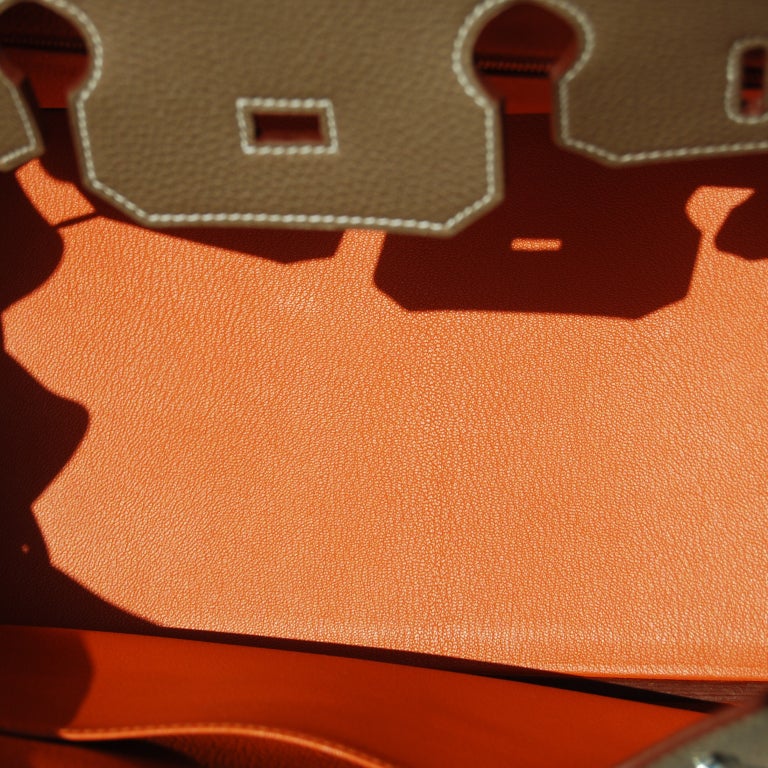 35cm Hermes Etoupe Clemence Leather Birkin Bag w/ Orange Piping For Sale 1