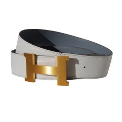 100cm Hermes White and Gris Perle Epsom Leather Belt