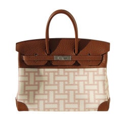 35cm Hermes 2 Tone Mosaic Toile and Fjord Leather Birkin Handbag