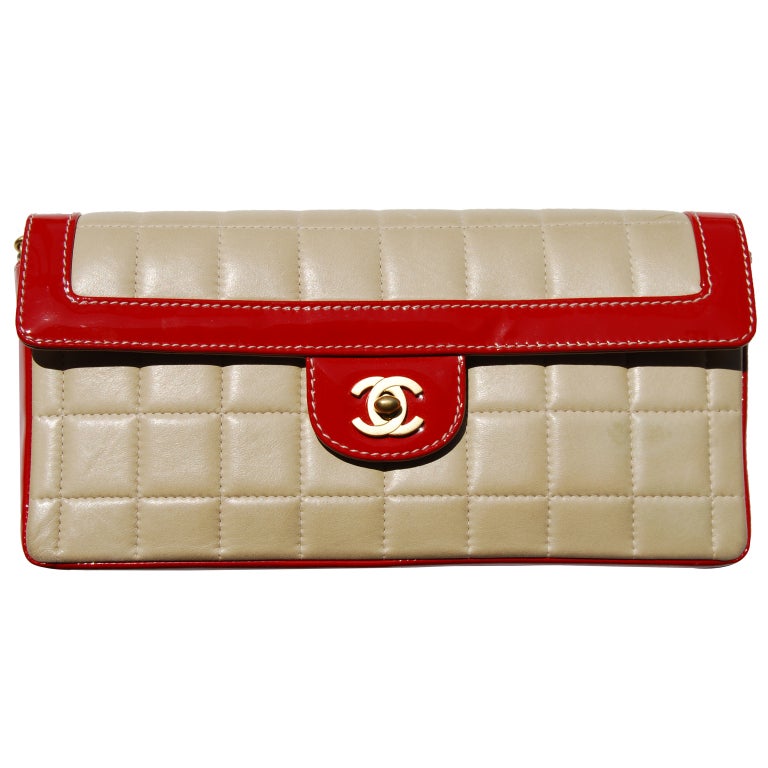 CHANEL Beige Quilted Leather & Red Patent Leather Flap Handbag