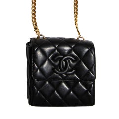 CHANEL Black Quilted Leather Box Handbag with Gold Chain