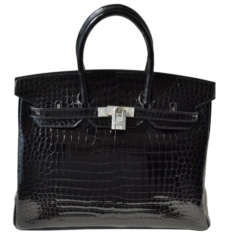 35cm Hermès Shiny Black Porosus Crocodile Birkin Handbag with Diamonds